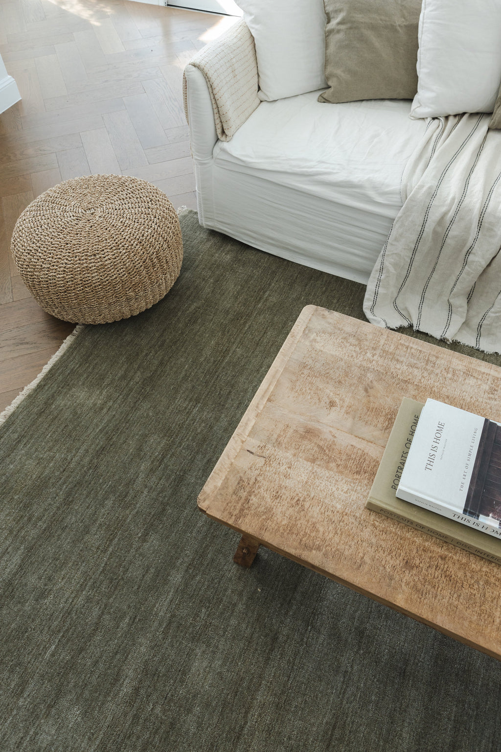 Sample of Bhakti Abrash Wool Blend Rug in Olive