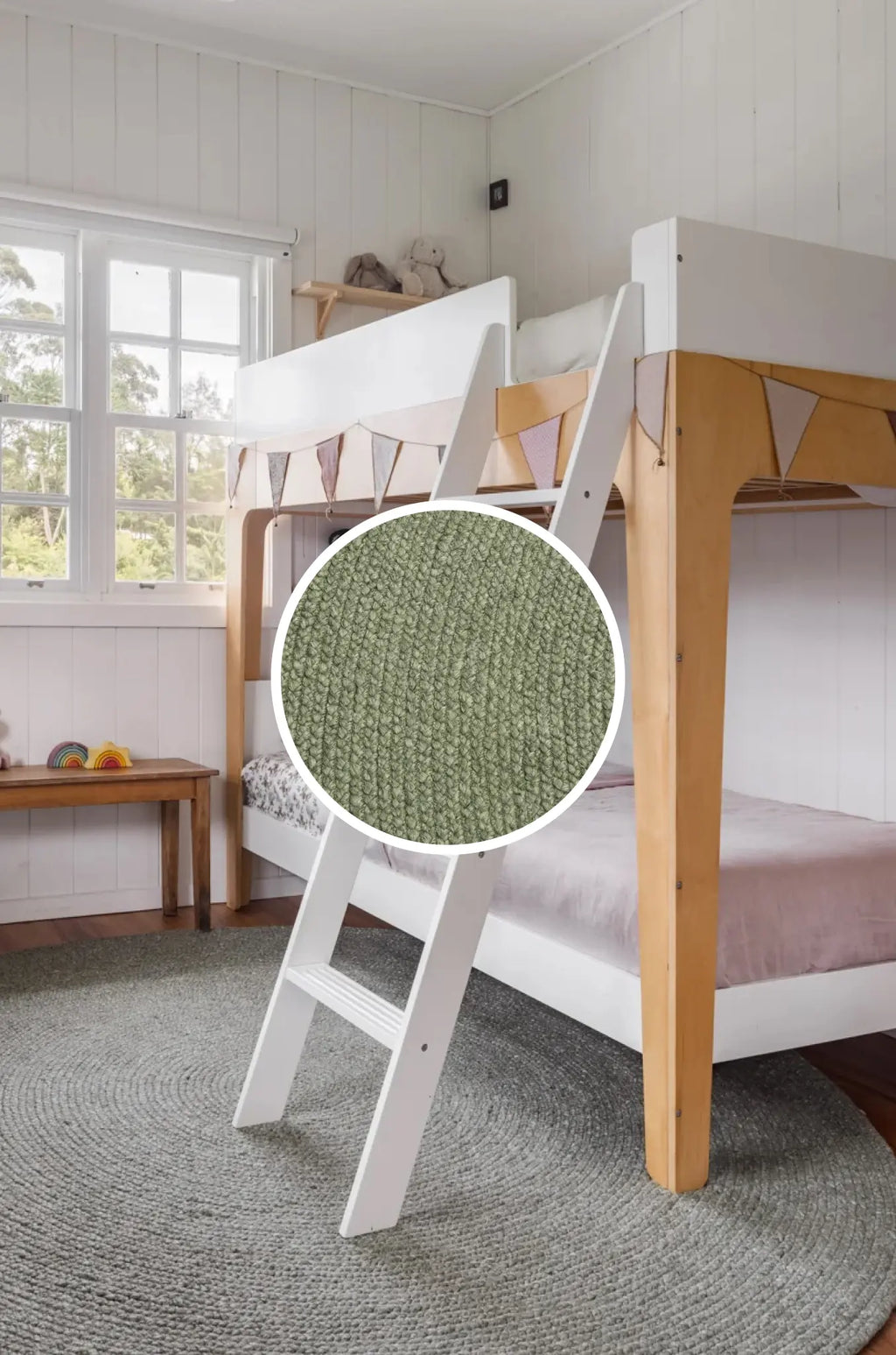 Children's room with a wooden bunk bed and close-up of green fabric texture.