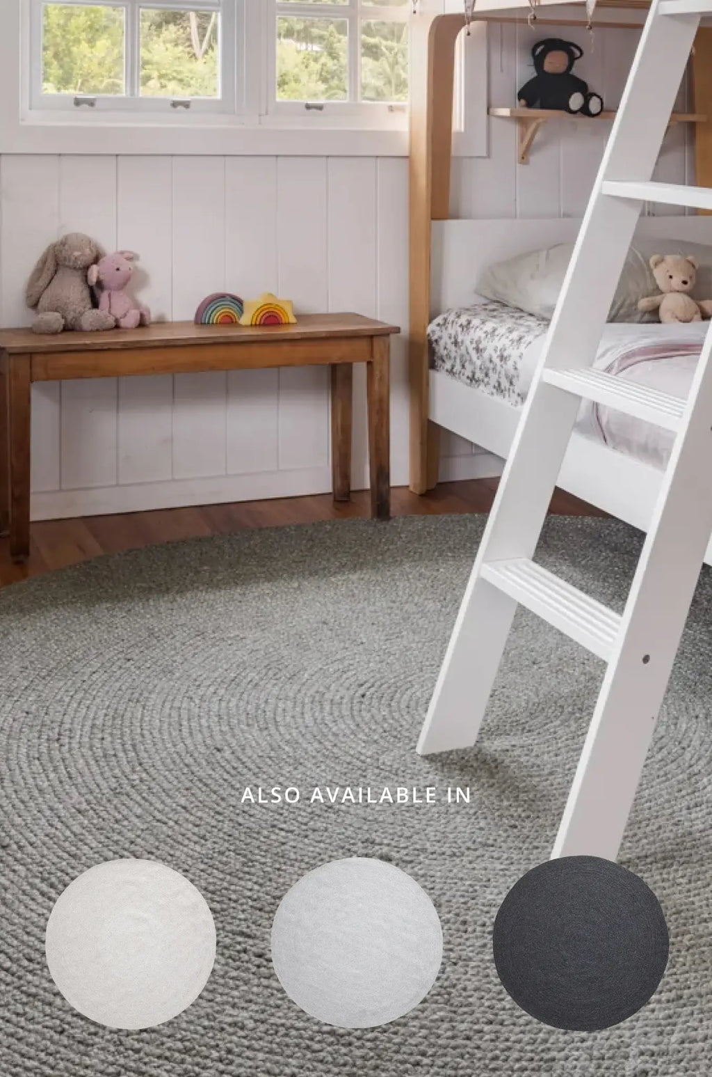 Children's room with a bed, bench, and rug, featuring color swatches for available options.