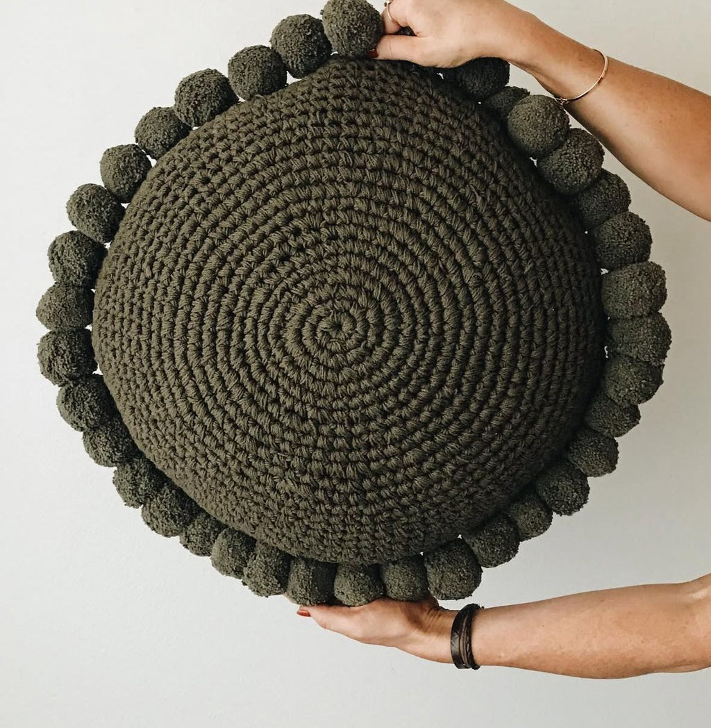 Luma Round Pom Pom Cushion in Olive