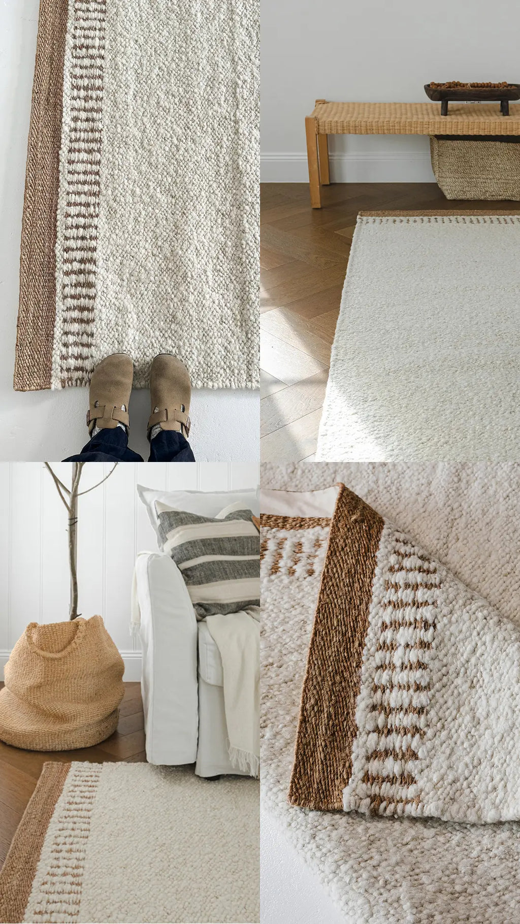 A collage of textured rugs and decor items in a living room setting.