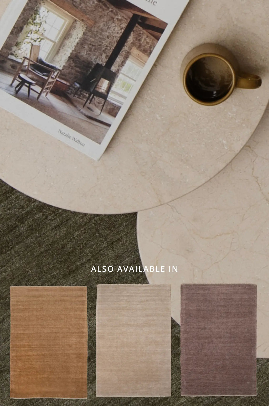 Round beige table with a mug, magazine, and three color swatches labeled 'Also Available In'.