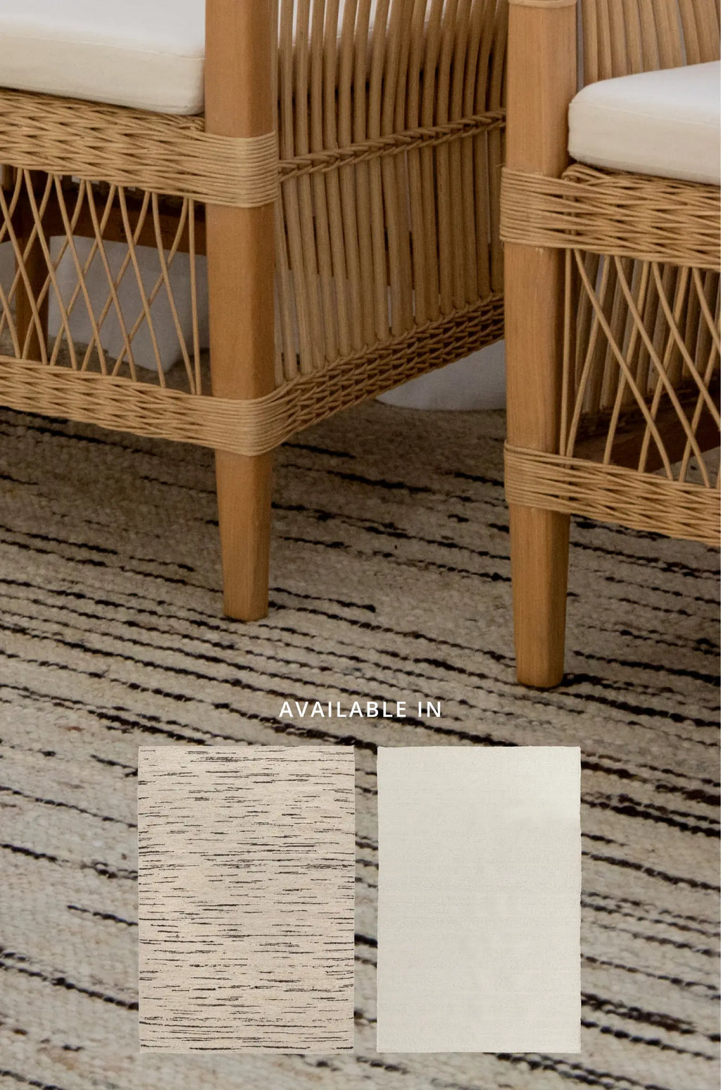 Wicker chairs with white cushions on a textured rug, with color swatches below.