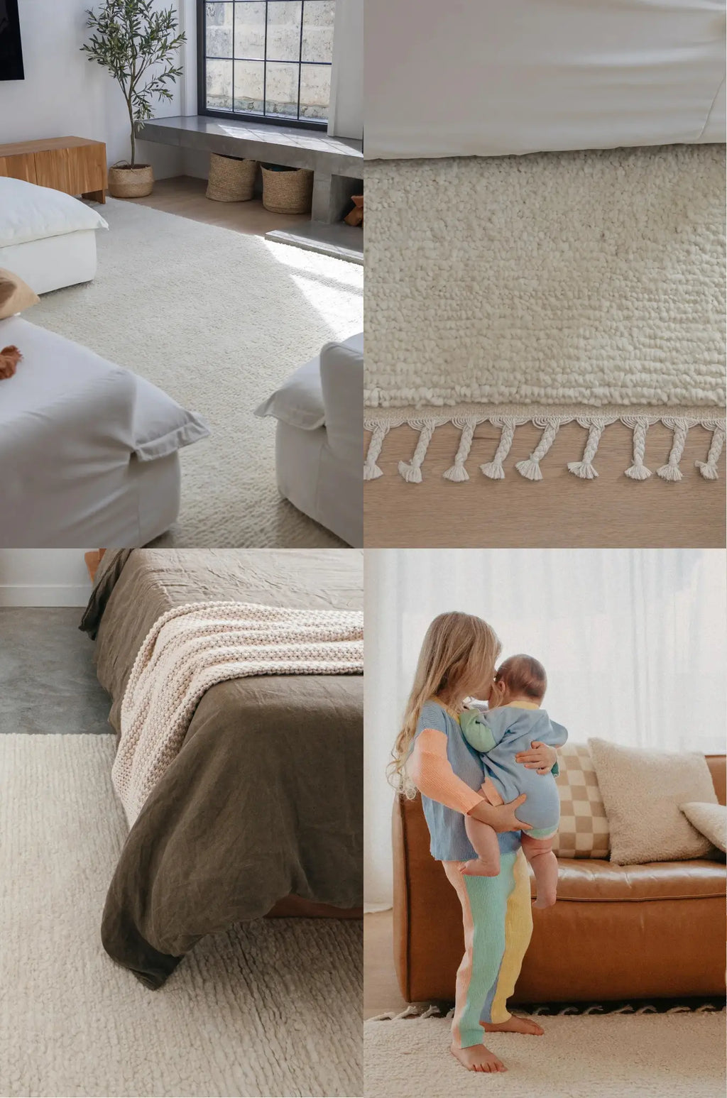 Collage of a bedroom with an ivory rug, furniture, and a woman holding a baby.
