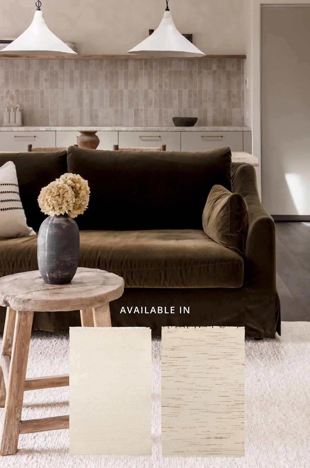 Living room with brown sofa, wooden table, and decorative elements.
