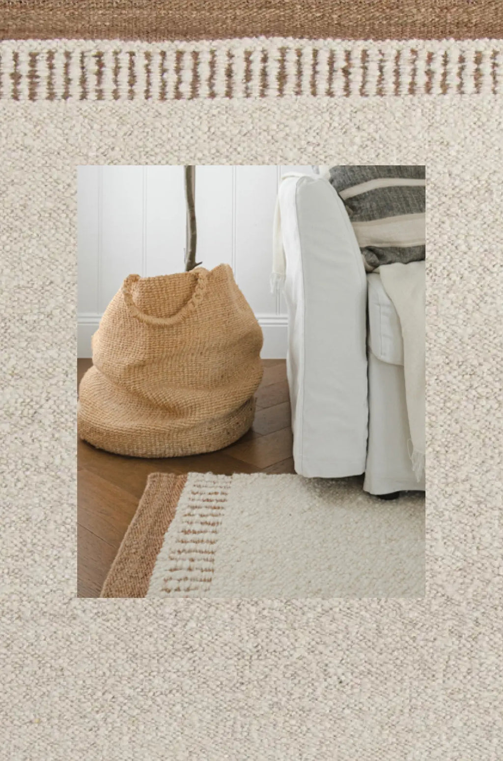 Beige woven basket on a textured beige surface with a blurred background
