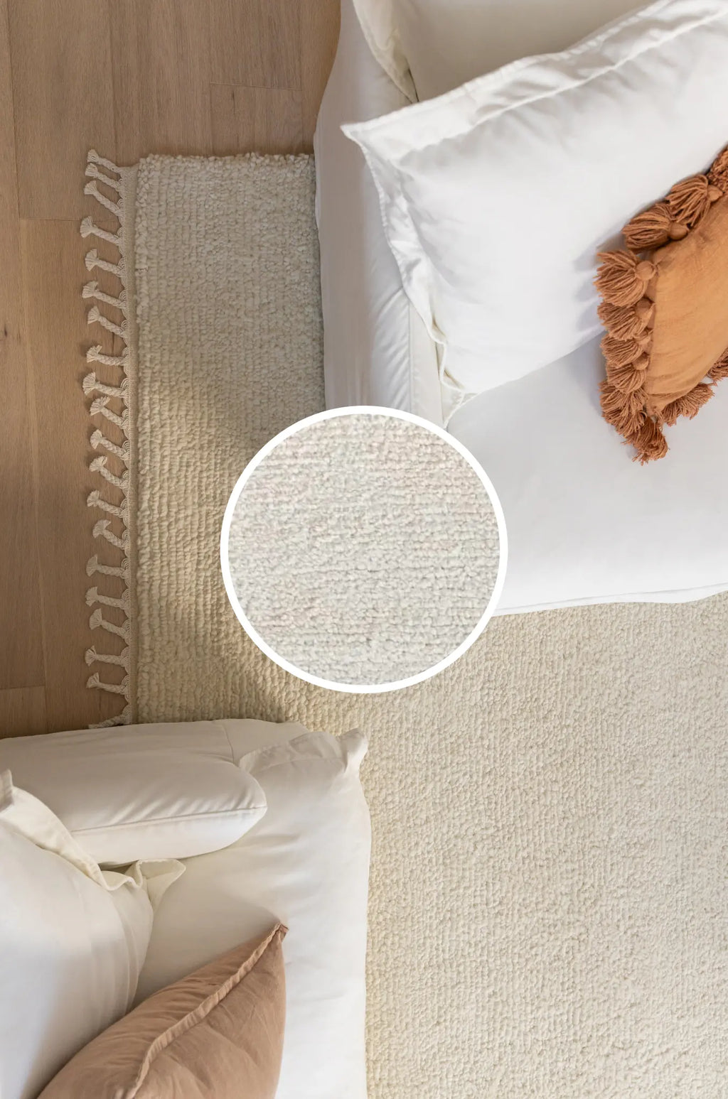 Close-up of the Sapna Ivory rug on a sofa with pillows